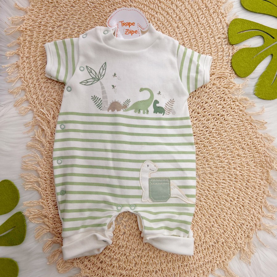 Macacão Curto Malha Trape Zape - Listrado com Dinos - Off White e Verde